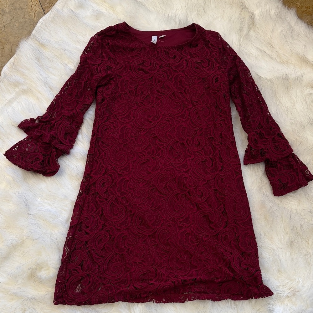 Tacera Burgundy Lace Long Sleeve Dress